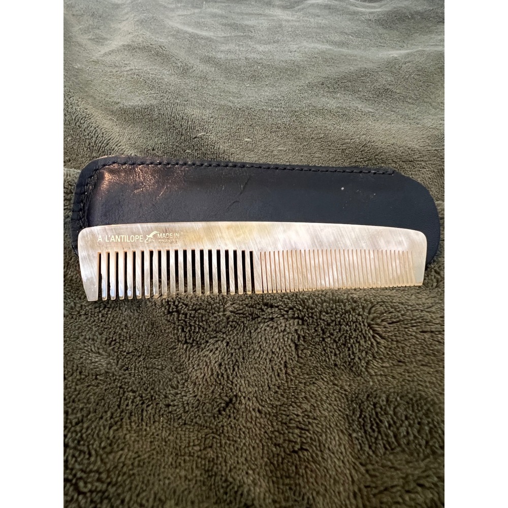 Vintage French Natural Horn Hair Comb A L'Antilope Made in France Leather Case